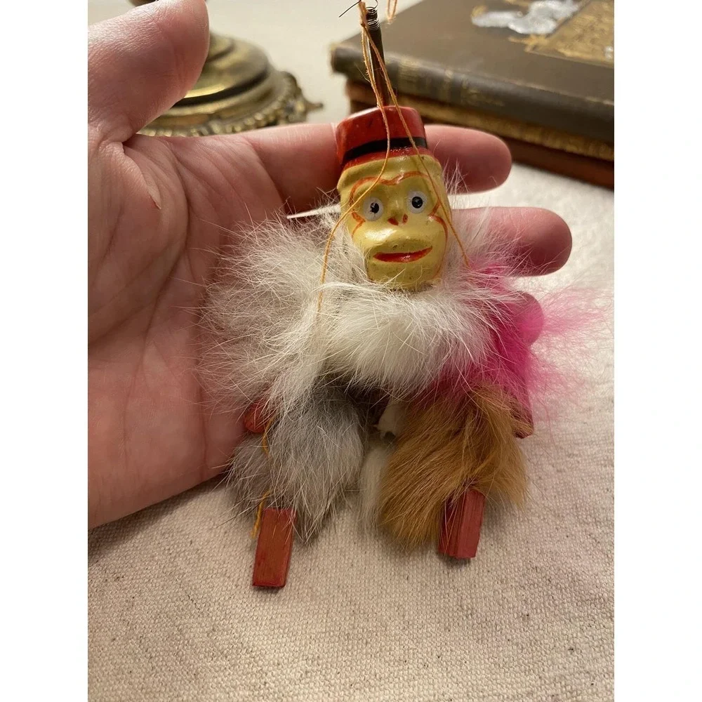 Antique Celluloid Monkey toy Hanging Bouncy Spring Feathers